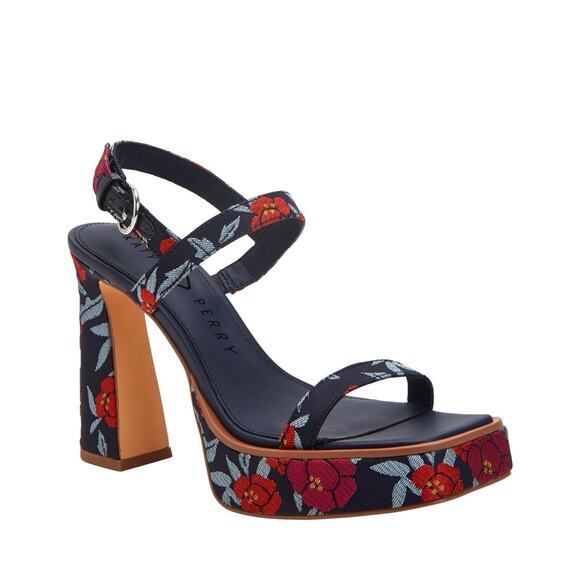 NWB Katy Perry The Steady Sandal Blue 9 39 Navy/Red Floral Platform Heel - Picture 1 of 5